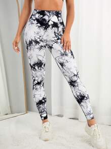 Yoga Trendy Tie Dye Wideband Waist Top-stitching Sports Leggings