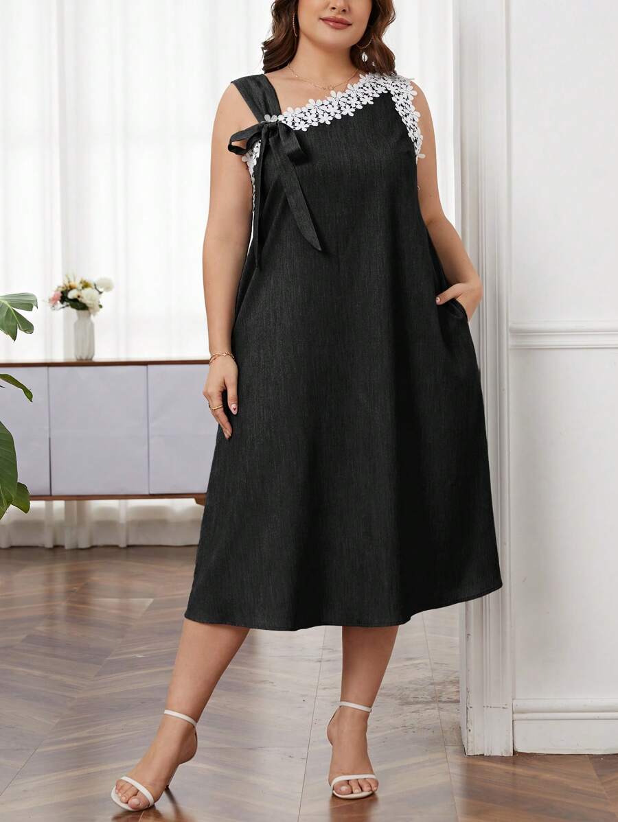 SHEIN Unity Plus Contrast Guipure Lace Tie Side Dress - Black - View 1