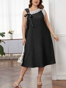 SHEIN Unity Plus Contrast Guipure Lace Tie Side Dress - Black - View 4