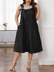 SHEIN Unity Plus Contrast Guipure Lace Tie Side Dress - Black - View 5