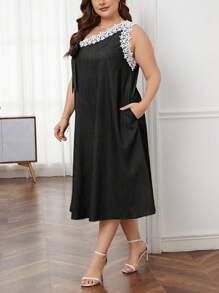 SHEIN Unity Plus Contrast Guipure Lace Tie Side Dress - Black - View 7