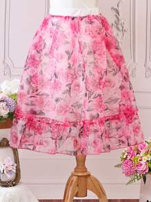 SHEIN 女孩印花荷葉邊歐根紗覆蓋半身裙 - 粉色 - 查看 1