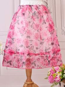 SHEIN 女孩印花荷葉邊歐根紗覆蓋半身裙 - 粉色 - 查看 2