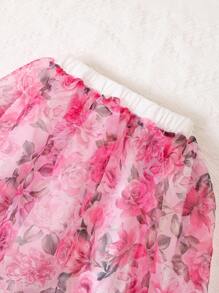 SHEIN 女孩印花荷葉邊歐根紗覆蓋半身裙 - 粉色 - 查看 3