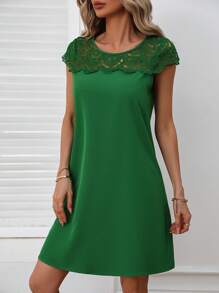 SHEIN Clasi Contrast Lace Tunic Dress - Green - View 4