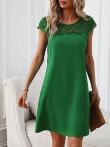 SHEIN Clasi Contrast Lace Tunic Dress - Green - View 5