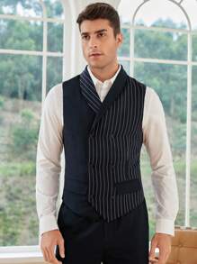 Manfinity NiteLyfe 男士1入組豎條紋雙排釦馬甲 - 藏蓝色 - 查看 2