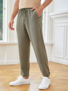 GENTILAND 男士素色腰部抽繩長褲 - 軍綠色 - 查看 2