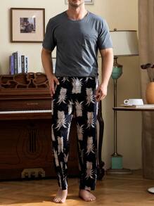 Extended Sizes Hombres Pantalones de dormir con estampado de piña - Negro - Ver 5