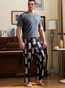 Extended Sizes Hombres Pantalones de dormir con estampado de piña - Negro - Ver 6