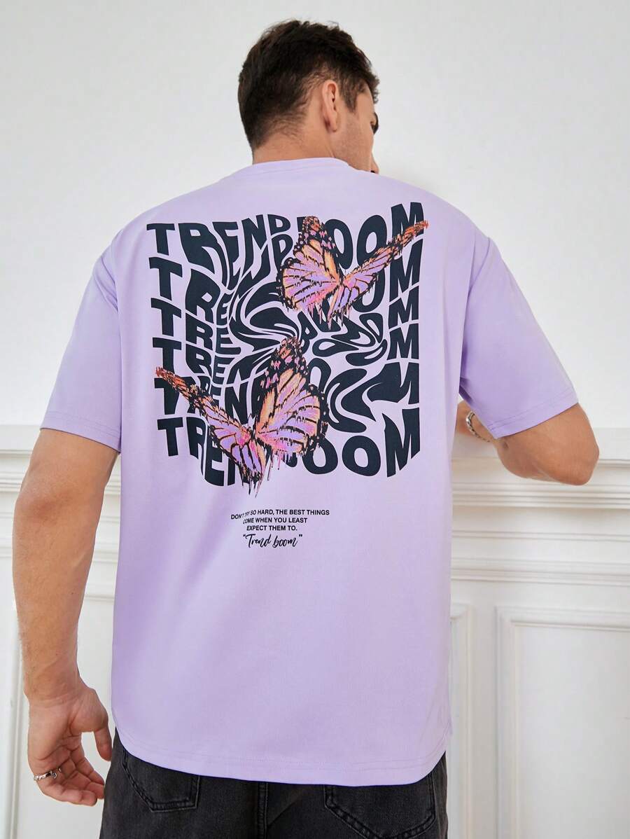 Manfinity RebelGame Men Butterfly & Slogan Graphic Tee - Lilac Purple - View 1