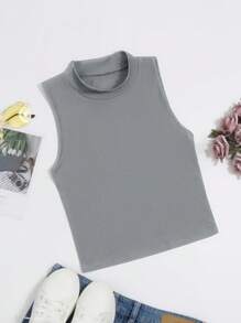 SHEIN EZwear Mock Neck Ribbed Knit Tank Top - Grey - View 1
