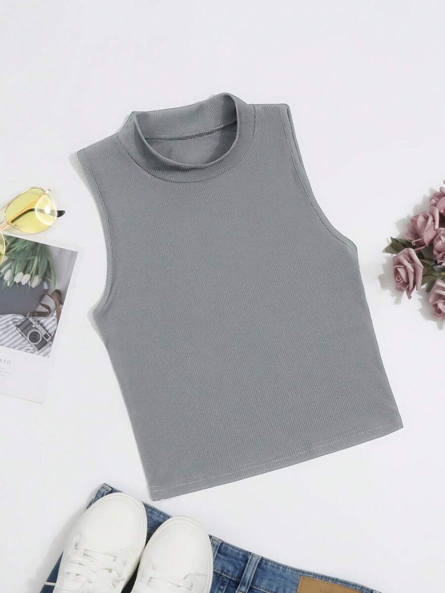 SHEIN EZwear Mock Neck Ribbed Knit Tank Top - Grey - View 1