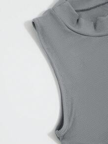 SHEIN EZwear Mock Neck Ribbed Knit Tank Top - Grey - View 6