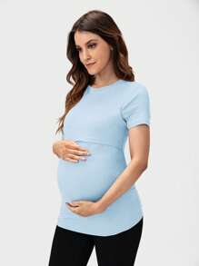 SHEIN 孕婦素色哺乳T恤 - 淺藍色 - 查看 1
