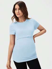 SHEIN 孕婦素色哺乳T恤 - 淺藍色 - 查看 4
