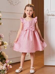 SHEIN Toddler Girls' Gorgeous jacquard Fabric Dress With Large Bowknot - Dusty Pink - View 6