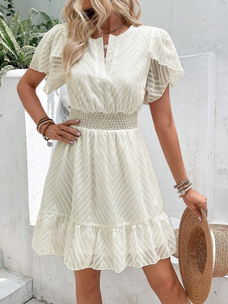 SHEIN VCAY 素色荷葉邊連衣裙 - 米色 - 查看 1