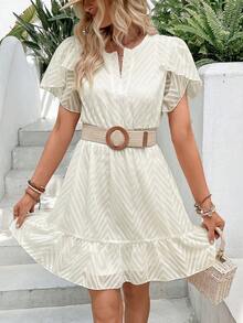 SHEIN VCAY 素色荷葉邊連衣裙 - 米色 - 查看 2