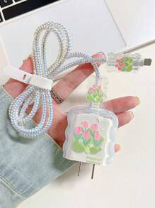 5pcs Tulip Pattern Data Cable Protector & Charger Head Cover Set - Pink - View 1