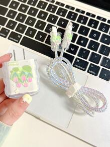 5pcs Tulip Pattern Data Cable Protector & Charger Head Cover Set - Pink - View 2