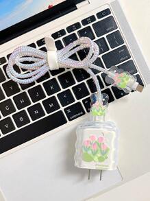 5pcs Tulip Pattern Data Cable Protector & Charger Head Cover Set - Pink - View 4