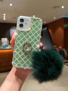 水鑽裝飾手機外殼帶毛茸茸球吊墜和圓環支架 - 彩色 - 查看 1