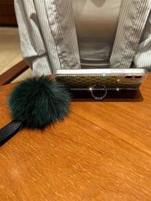 水鑽裝飾手機外殼帶毛茸茸球吊墜和圓環支架 - 彩色 - 查看 4