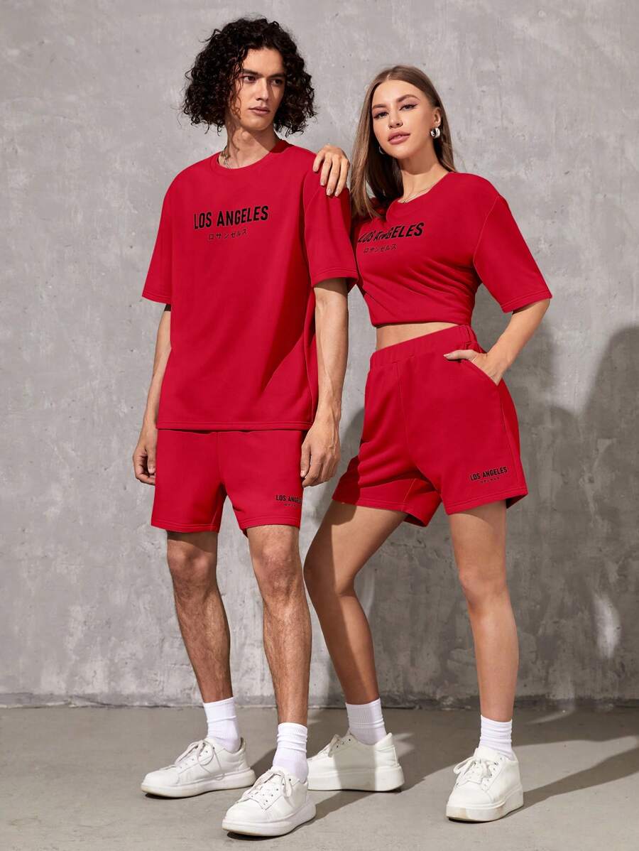 SWAVVY 1 pieza Camiseta informal con estampado de letra y hombros caídos - Rojo - Ver 1