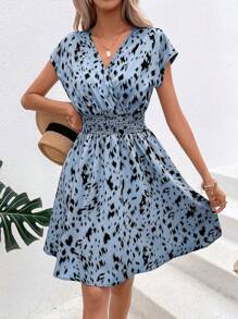 SHEIN LUNE Allover Print Surplice Neck Batwing Sleeve Dress - Blue - View 1