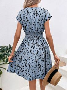 SHEIN LUNE Allover Print Surplice Neck Batwing Sleeve Dress - Blue - View 2