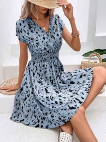 SHEIN LUNE Allover Print Surplice Neck Batwing Sleeve Dress - Blue - View 3