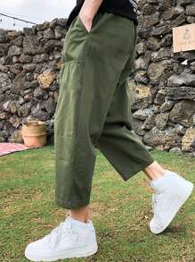 Manfinity Hypemode 男士素色腰部抽繩長褲 - 軍綠色 - 查看 2