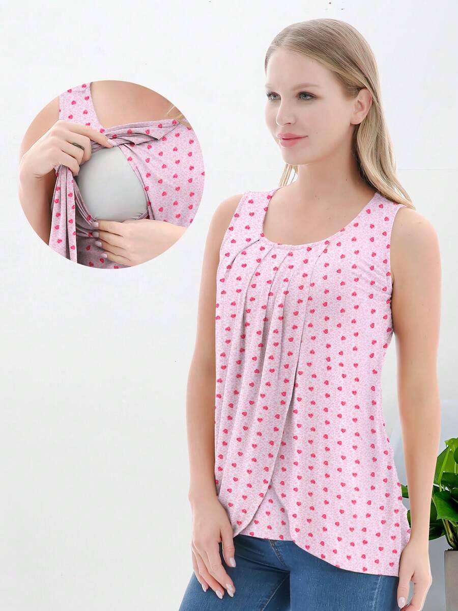 Maternity Heart Print Nursing Tank Top - Pink - View 1