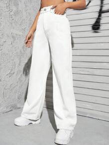 高腰直筒牛仔褲 - 白色 - 查看 5
