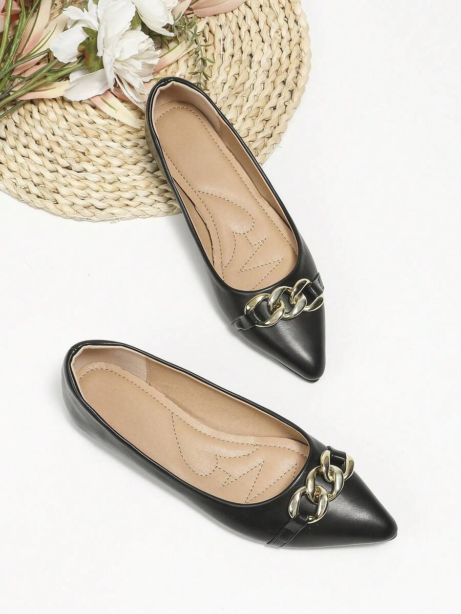 Women Chain Decor Point Toe Flats, Fashion Outdoor Ballet Flats - Black - View 1