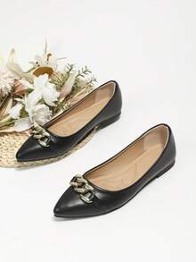 Women Chain Decor Point Toe Flats, Fashion Outdoor Ballet Flats - Black - View 2
