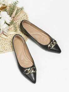 Women Chain Decor Point Toe Flats, Fashion Outdoor Ballet Flats - Black - View 3