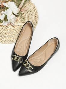 Women Chain Decor Point Toe Flats, Fashion Outdoor Ballet Flats - Black - View 4