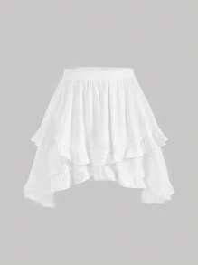 SHEIN MOD Solid Ruffle Trim Asymmetrical Hem Skirt - White - View 1