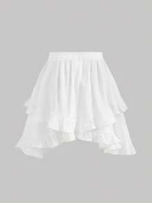 SHEIN MOD Solid Ruffle Trim Asymmetrical Hem Skirt - White - View 2