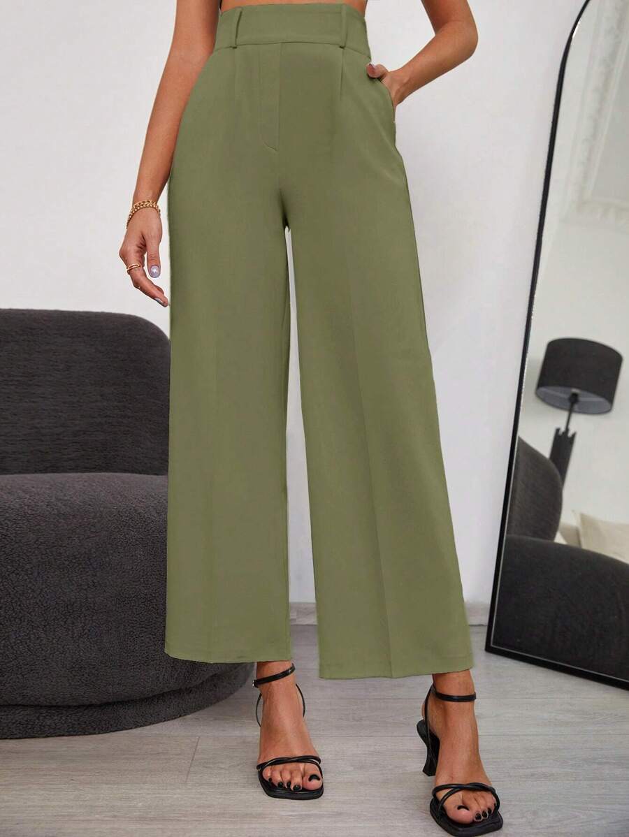 RueChic Solid Wide Leg Trousers - Green - View 1