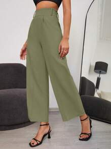 RueChic Solid Wide Leg Trousers - Green - View 3