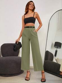 RueChic Solid Wide Leg Trousers - Green - View 4