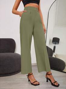 RueChic Solid Wide Leg Trousers - Green - View 5
