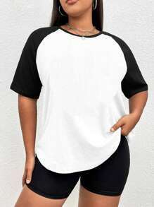 SHEIN EZwear Plus Colourblock Raglan Sleeve Tee - Black and White - View 1