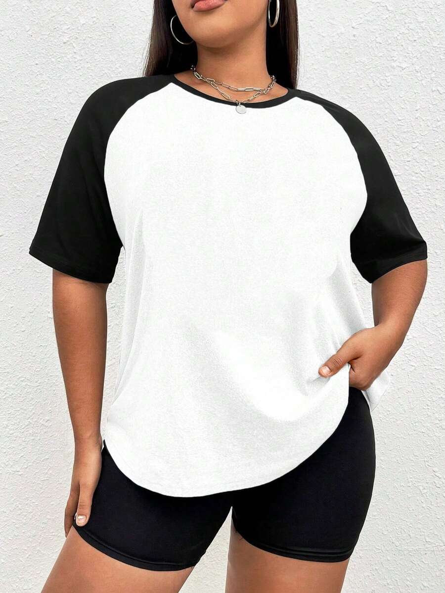 SHEIN EZwear Plus Colourblock Raglan Sleeve Tee - Black and White - View 1