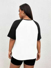 SHEIN EZwear Plus Colourblock Raglan Sleeve Tee - Black and White - View 2