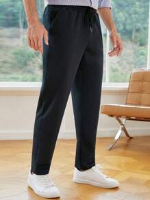 Manfinity NiteLyfe Hombres Pantalones unicolor de cintura con cordón - Azul Marino - Ver 2