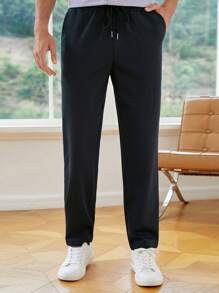 Manfinity NiteLyfe Hombres Pantalones unicolor de cintura con cordón - Azul Marino - Ver 5